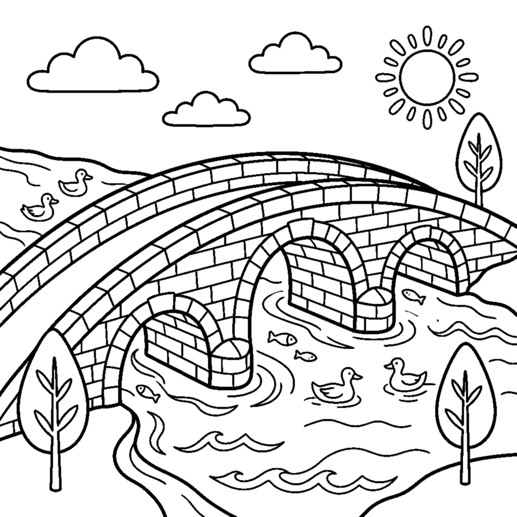 An arched stone bridge over a river coloring page