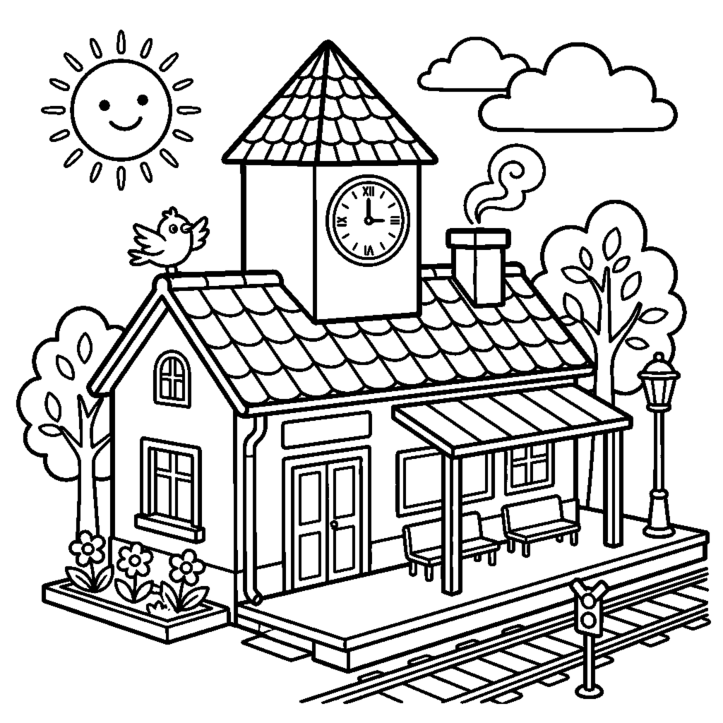 A small train station with a platform and a clock tower coloring page