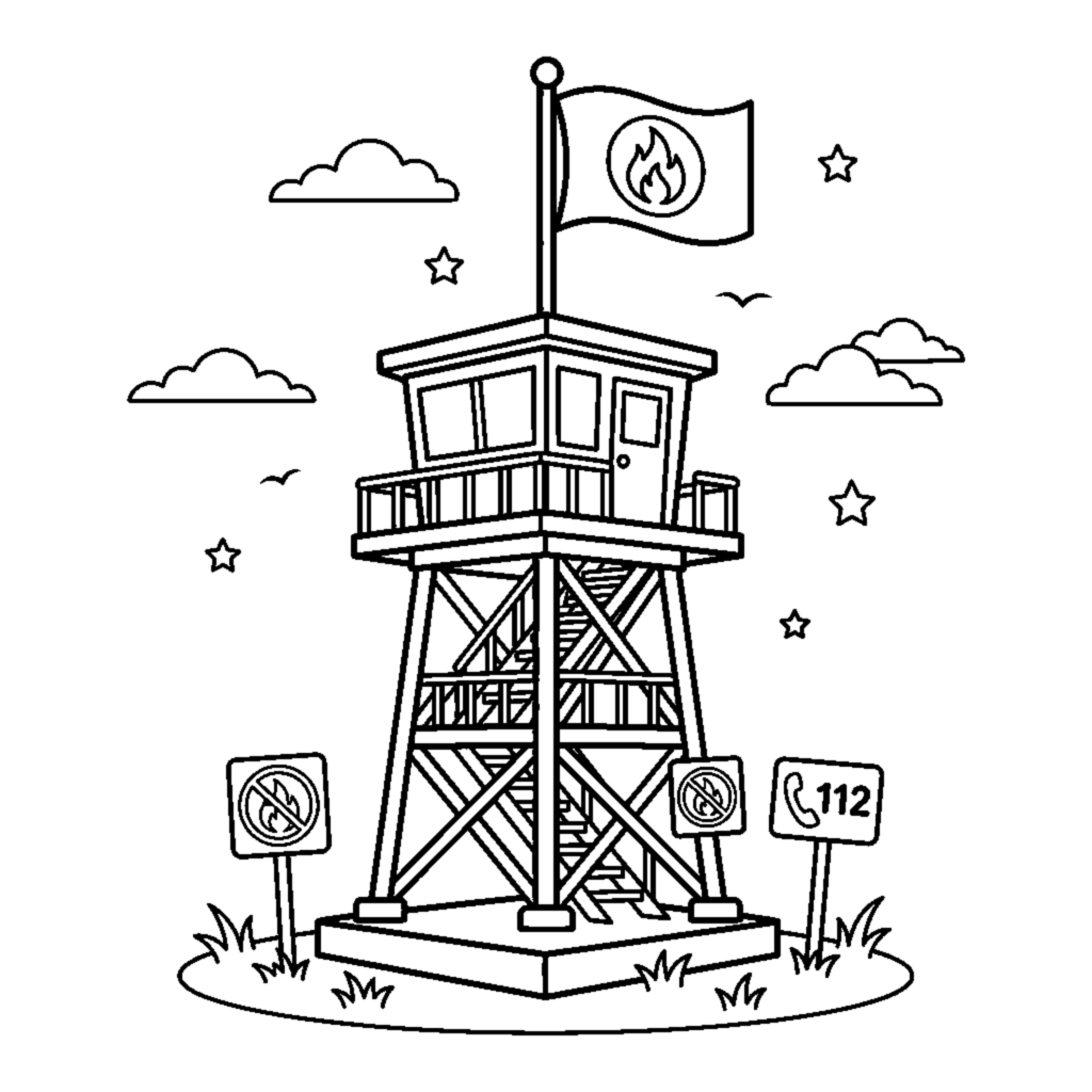 A fire watchtower with a pole and a sign coloring page