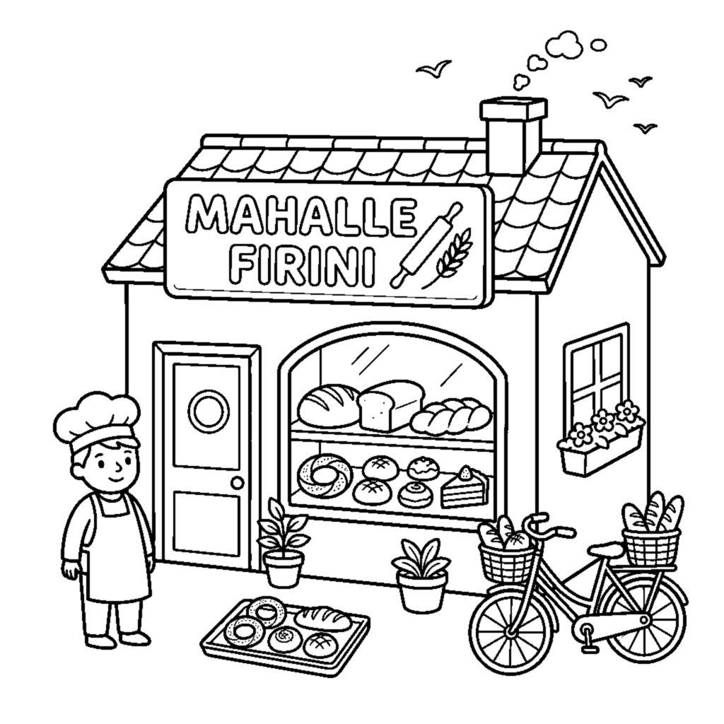 A small neighborhood bakery with a display window coloring page