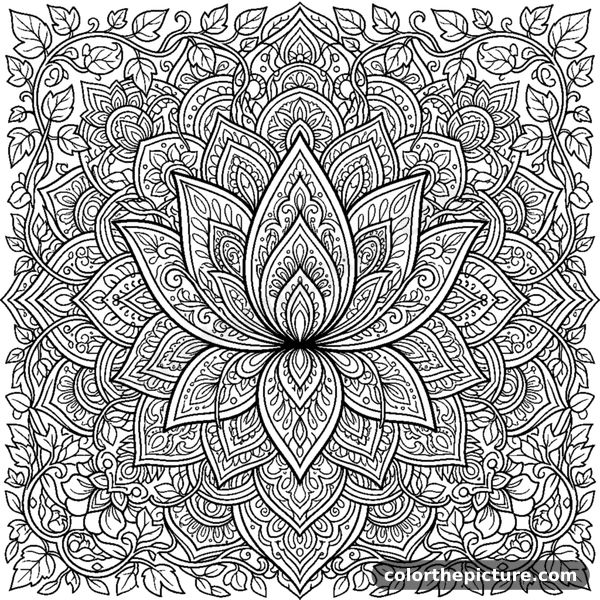 Layered Mandala with Lotus Flowers and Ivy Leaves coloring page