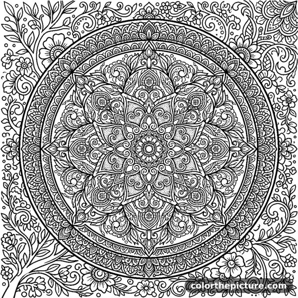 Round Mandala with Dotwork and Zentangle Textures coloring page