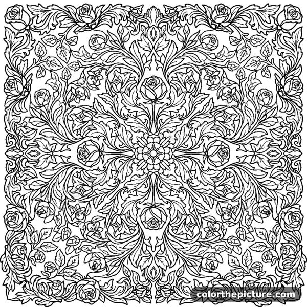 Floral Mandala with Rosebuds and Ornate Leaves coloring page