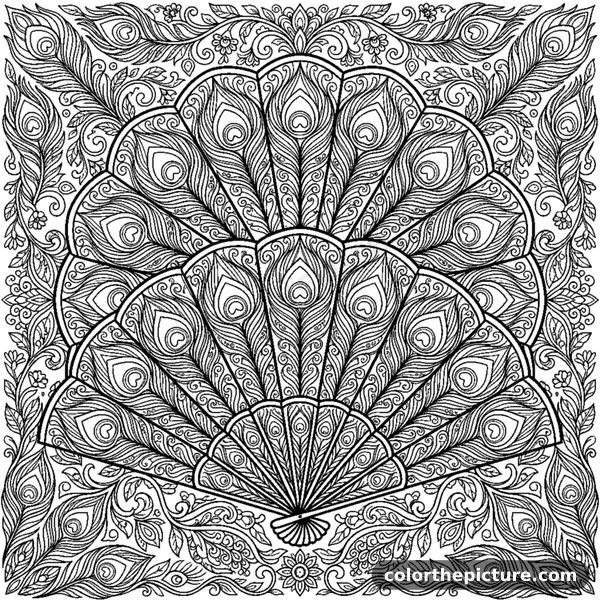 Mandala with Peacock Feather Fans coloring page