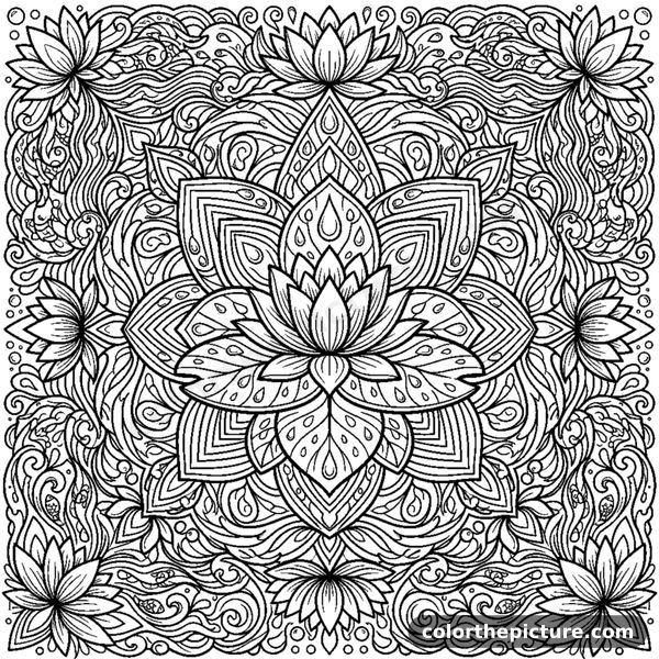 Water Mandala with Lily Pads and Drops coloring page