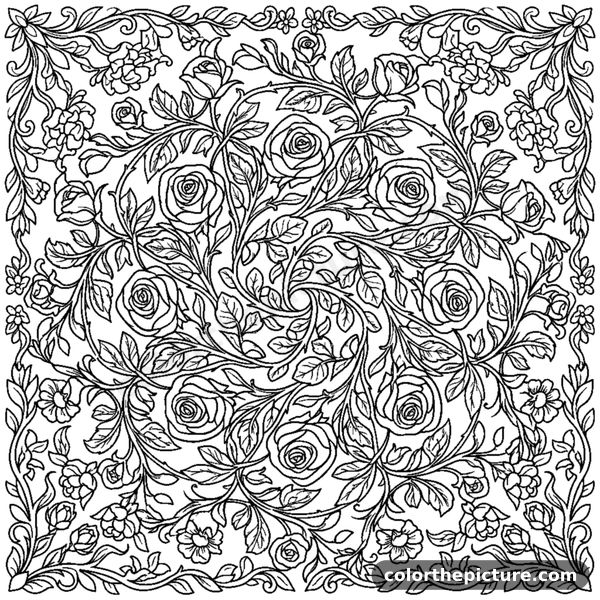 Floral Spiral Mandala with Climbing Roses coloring page