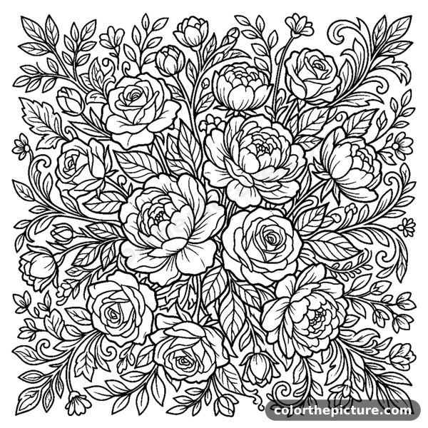 Detailed Bouquet of Peonies and Roses coloring page