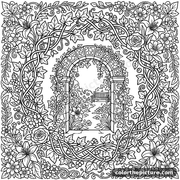 Flower Wreath Around a Secret Garden Gate coloring page