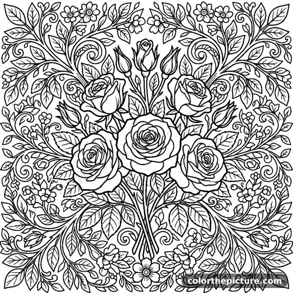 Bouquet of Roses and Rosebuds coloring page