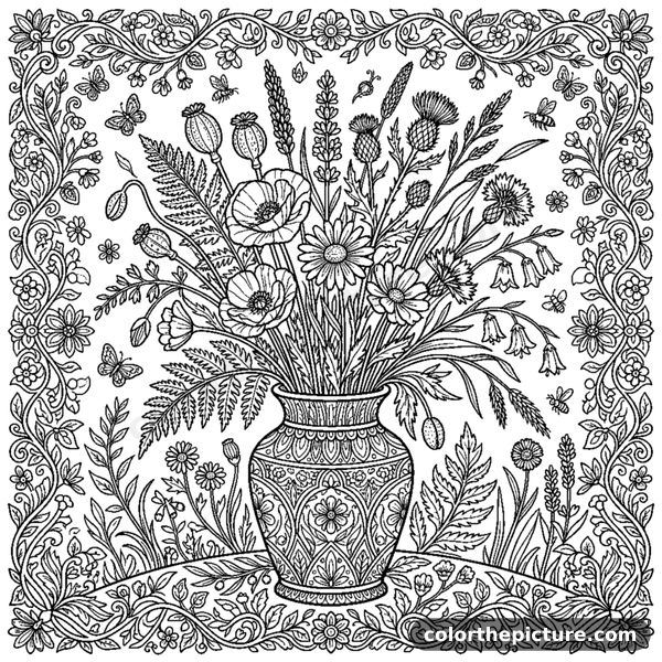 Wildflower Bouquet in a Glass Vase coloring page