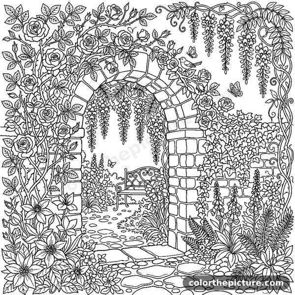 Secret Garden with an Arch and Climbing Flowers coloring page