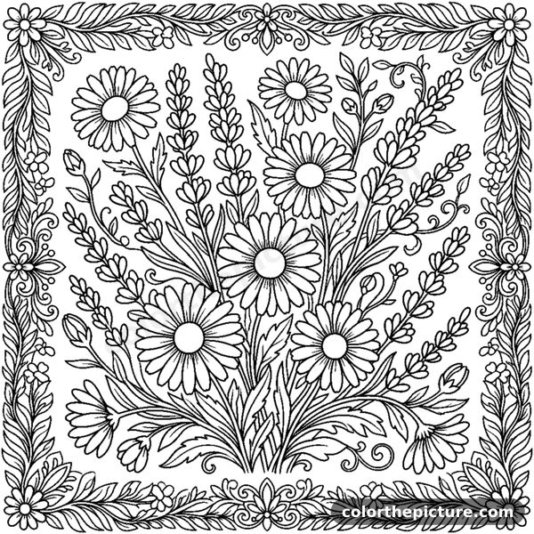 Daisy and lavender arrangement in a leafy frame coloring page