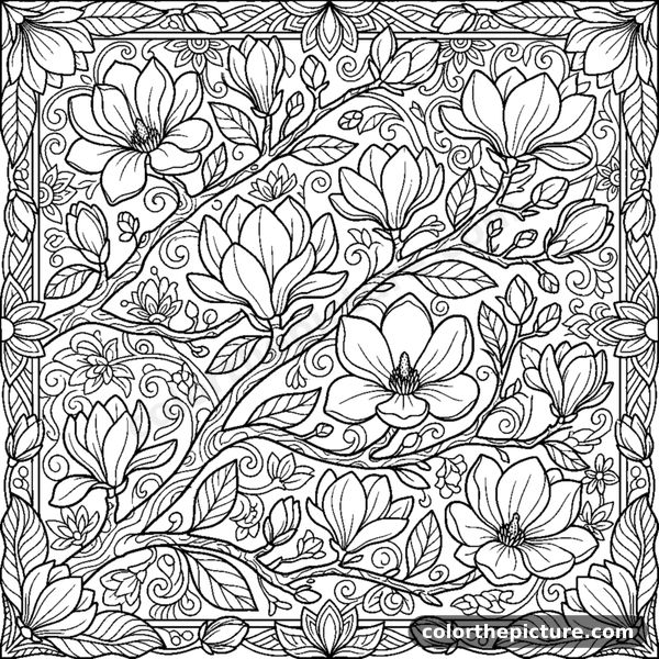 Magnolia branches with blooming buds coloring page