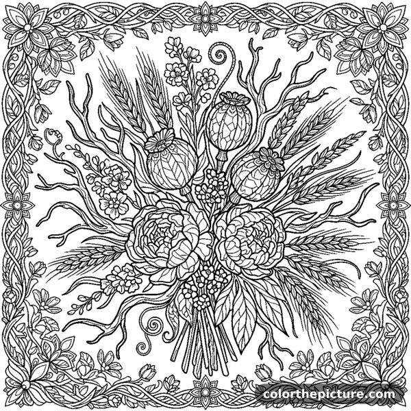 Elegant dried flower bouquet with wheat and peony pods coloring page