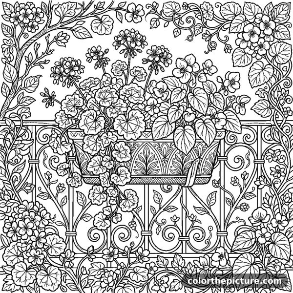Geraniums and begonias spilling from a balcony pot coloring page