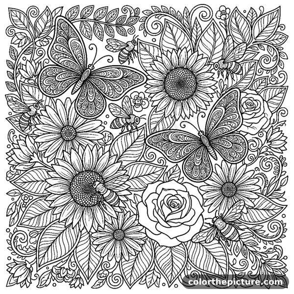 Flowerbed with butterflies, bees, and detailed leaves coloring page