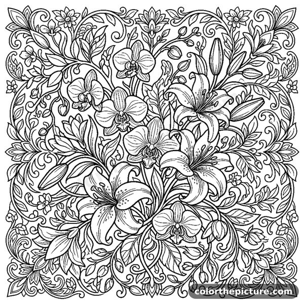 Exotic bouquet of lilies and orchids with elegant petals coloring page