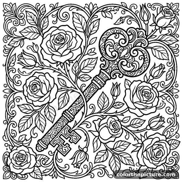 Secret garden theme with an antique key and a rose coloring page