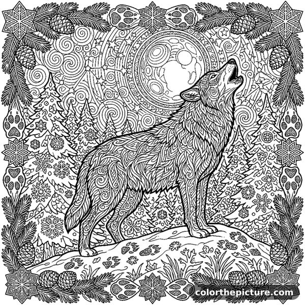 Wolf howling at the moon in a snowy pine forest coloring page