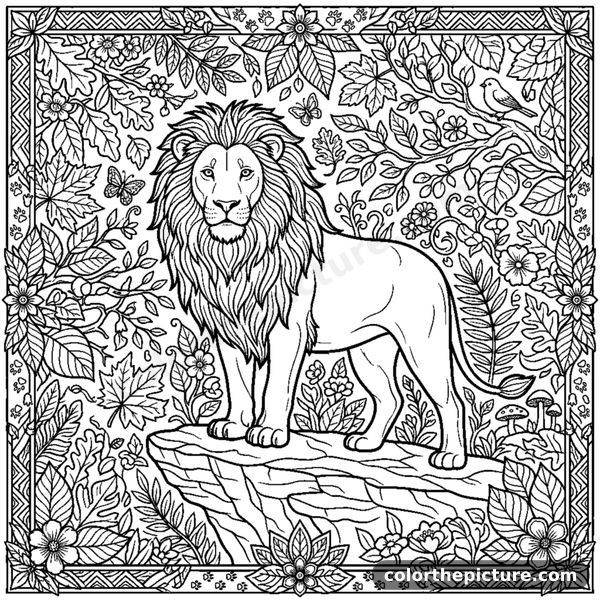 Majestic lion with a big mane on a rocky cliff coloring page