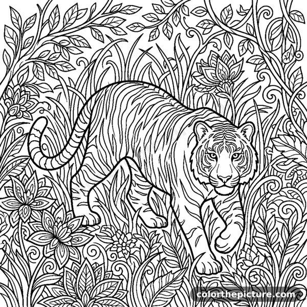 Bengal tiger with striped fur hiding in tall grass coloring page