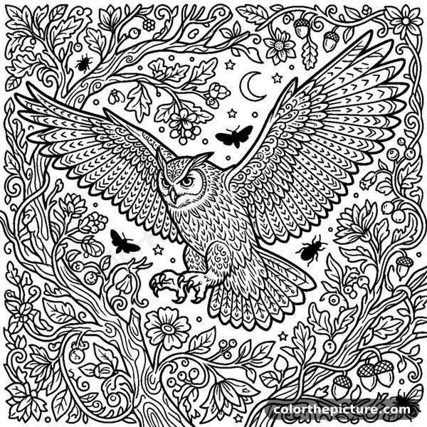 Great horned owl hunting at night with open wings coloring page