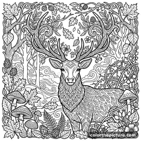 Red deer with large antlers in a misty autumn forest coloring page
