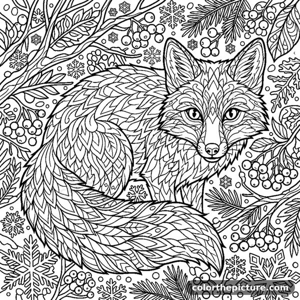 Red fox with a fluffy tail hiding in a snowy bush coloring page