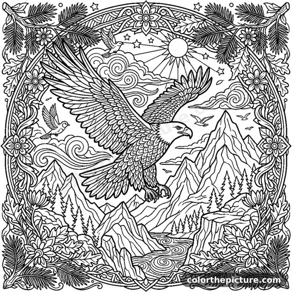 Bald eagle soaring over mountains with detailed feathers coloring page