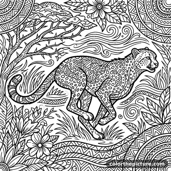 Spotted cheetah running on the savanna coloring page