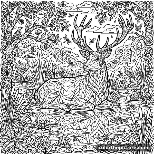 Stag resting by a marsh with reeds and water reflections coloring page