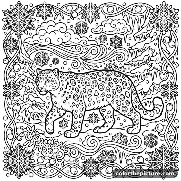 Snow leopard with spotted fur in a snowstorm coloring page