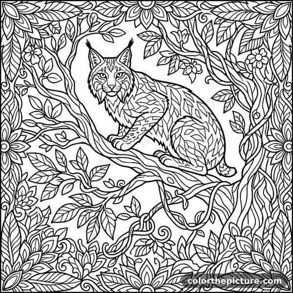 Lynx with tufted ears perched on a high branch coloring page