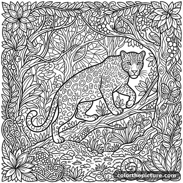 Sleek panther hiding in a shadowy forest coloring page