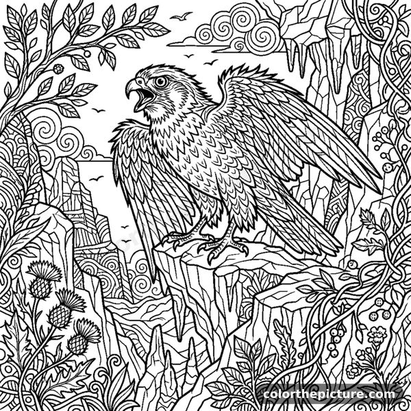 Falcon screeching on a rocky cliff coloring page
