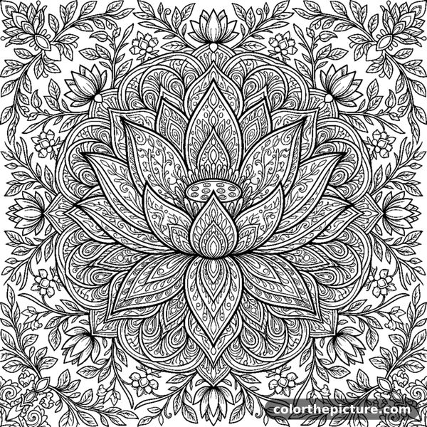 Blooming lotus flower mandala with detailed petals coloring page