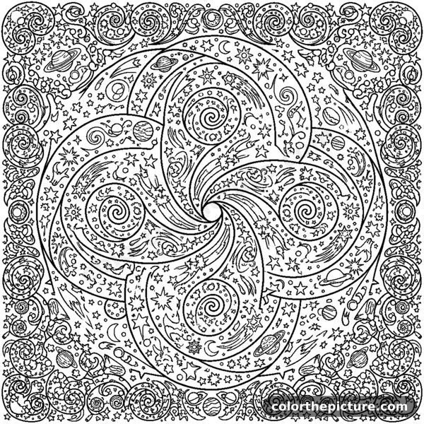 Mystical space mandala with stars and galaxies coloring page