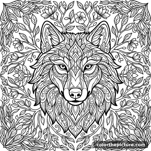 Wolf head nature mandala with a detailed mane coloring page
