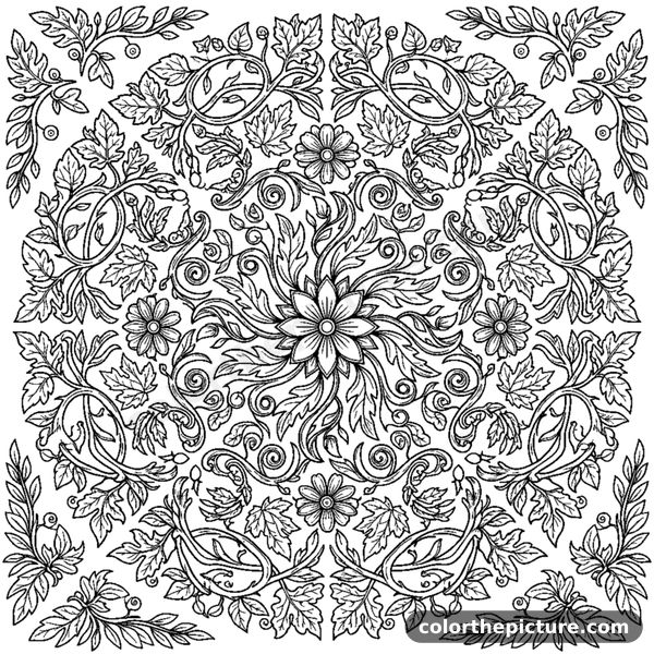 Garden mandala with leaves and ivy coloring page