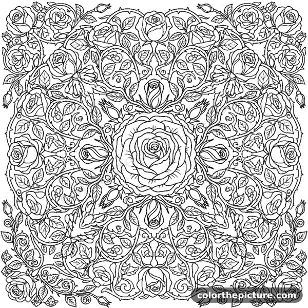 Rose garden mandala with blooming buds coloring page