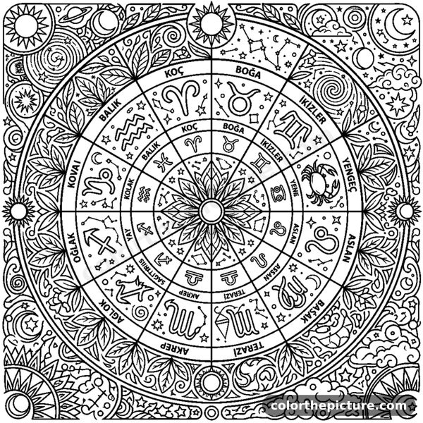 Zodiac signs astrology mandala coloring page