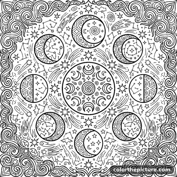 Mystical Moon and Stardust Mandala coloring page