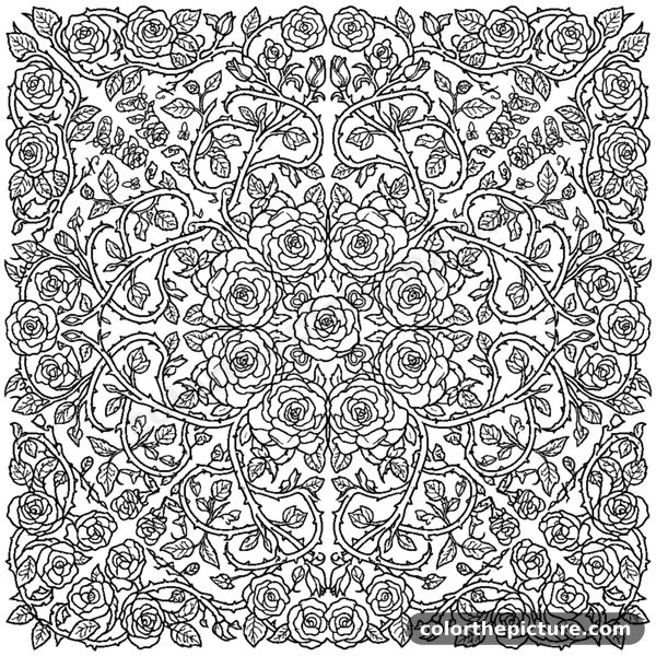 Wild Garden Mandala with Roses and Thorns coloring page