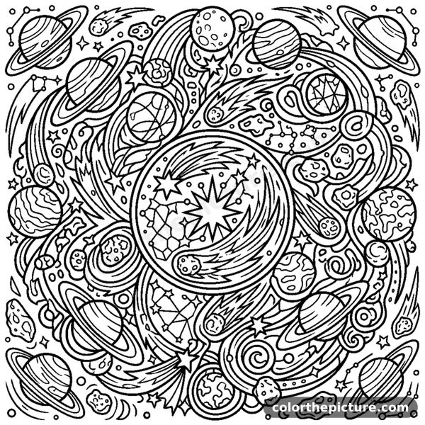 Cosmic Star and Comet Mandala coloring page
