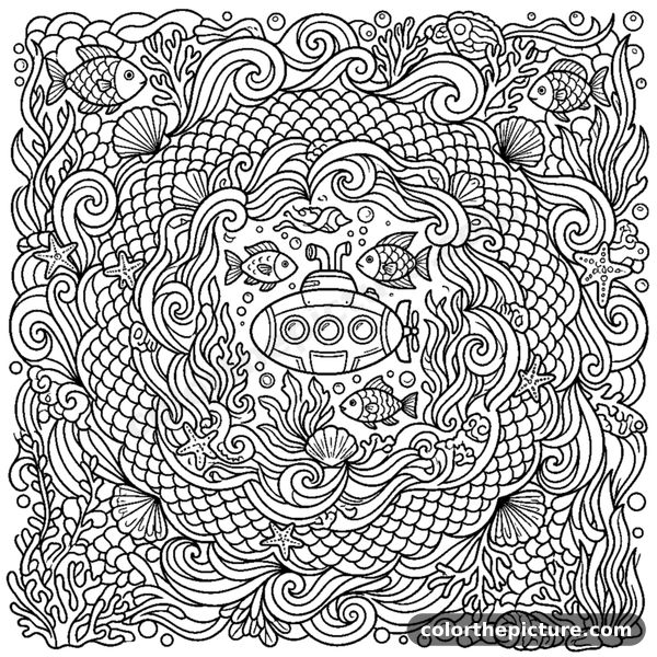 Underwater Mandala with Fish Scales and Waves coloring page