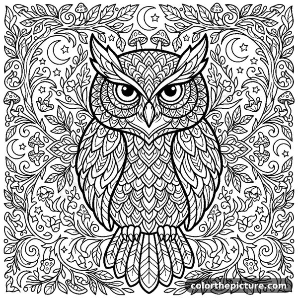 Night Owl Mandala with Feather Layers coloring page