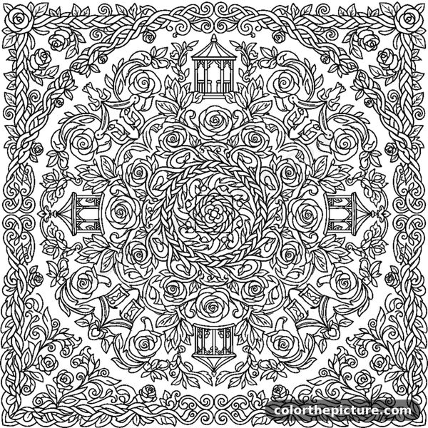Victorian Garden Mandala with Spiral Roses coloring page