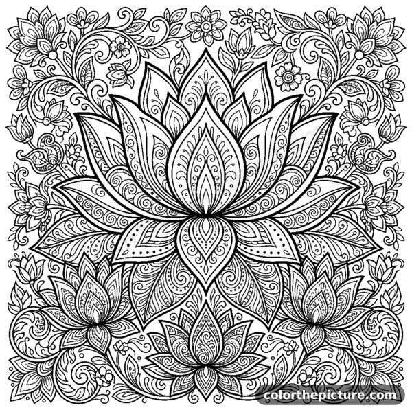Giant Lotus Mandala with Swirling Zentangle Leaves coloring page