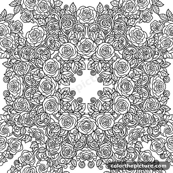 Symmetrical Wreath of Roses and Vines coloring page