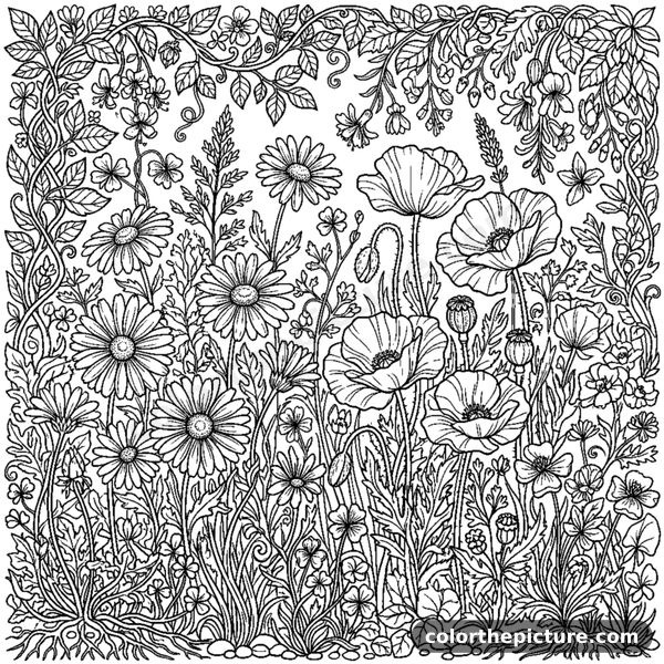 Lush English Garden with Daisies and Poppies coloring page